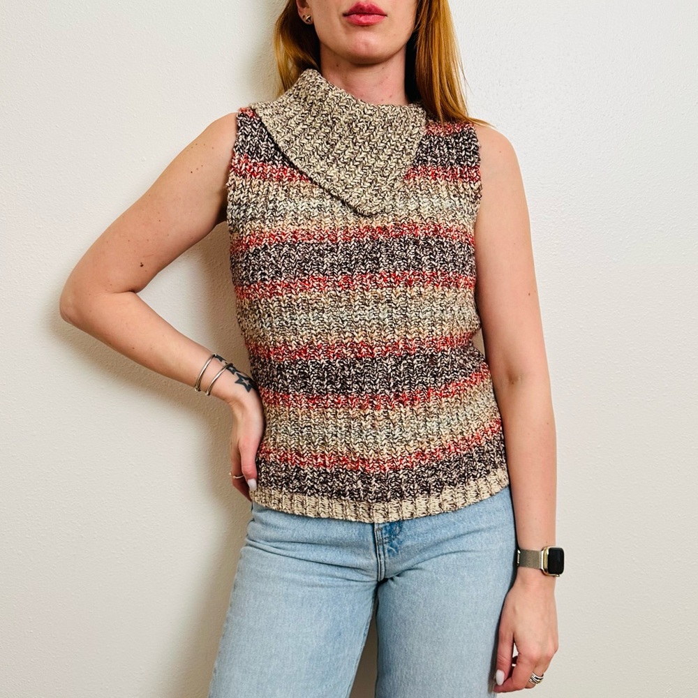J.Crew Striped Chunky Knit Sleeveless Turtleneck Sweater Vest Wool Blend - Picture 2 of 6